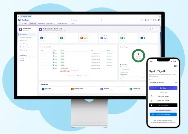PeriScan Setup Dashboard inside Salesforce next to the PeriScan mobile sign-in screen