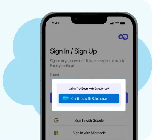 PeriScan sign-in screen with the Continue with Salesforce option
